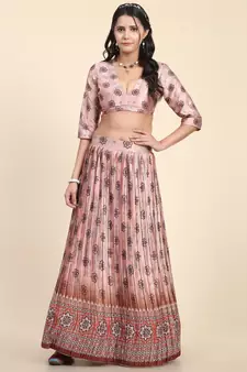 Light-peach digital print satin semi stitched lehenga