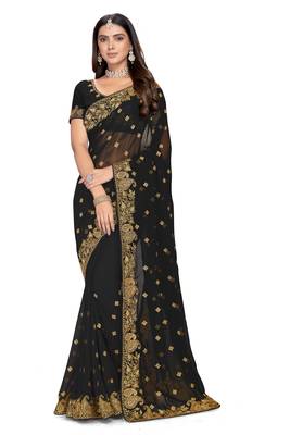 Black embroidered georgette saree with blouse 1