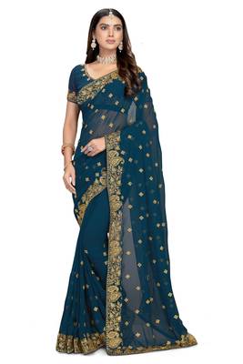 Teal embroidered georgette saree with blouse 1