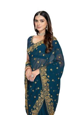 Teal embroidered georgette saree with blouse 2