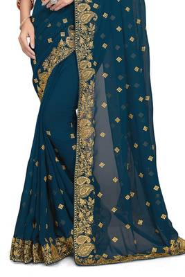 Teal embroidered georgette saree with blouse 3