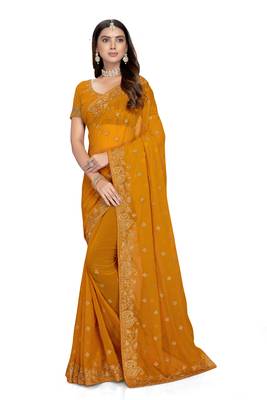 Mustard embroidered georgette saree with blouse 1
