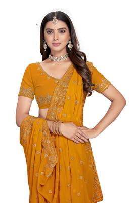 Mustard embroidered georgette saree with blouse 2