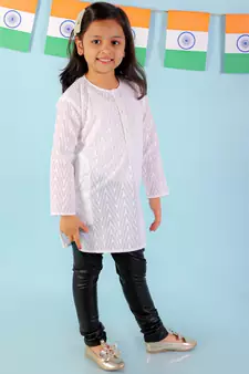 KID1 Chikan work round neck Girls kurti only