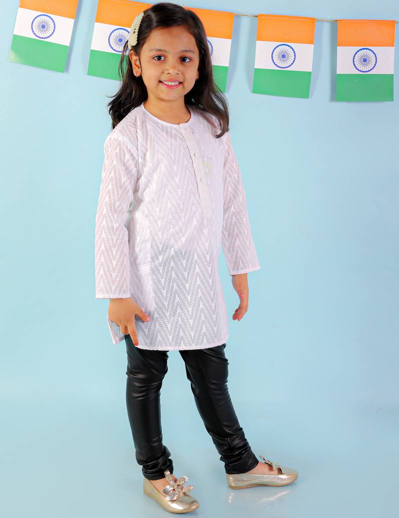 KID1 Chikan work round neck Girls kurti only