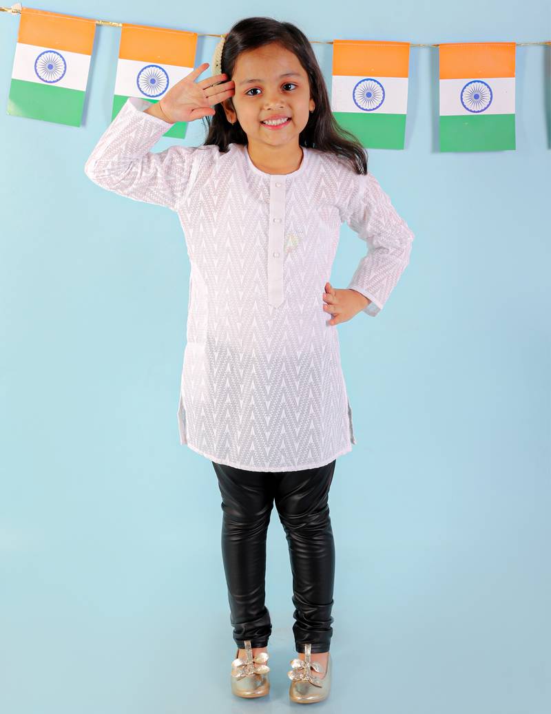KID1 Chikan work round neck Girls kurti only