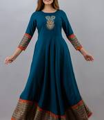 ftDiva Women Aztec Printed Embroidered Anarkali Kurta in Blue