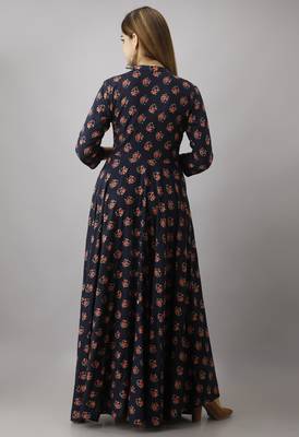 ftDia Women Floral Printed Flared Kurta in Dark Blue 2