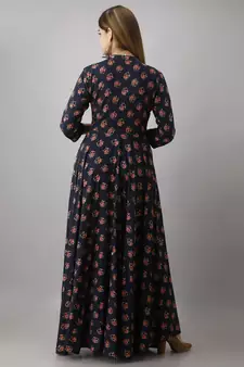 ftDia Women Floral Printed Flared Kurta in Dark Blue