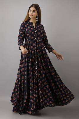 ftDia Women Floral Printed Flared Kurta in Dark Blue 3