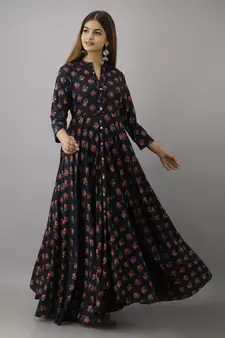 ftDia Women Floral Printed Flared Kurta in Dark Blue