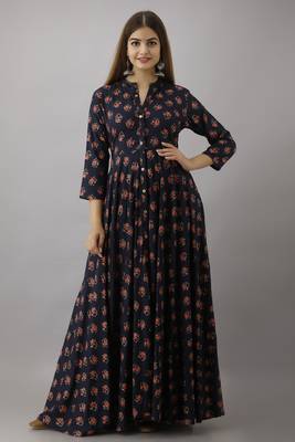 ftDia Women Floral Printed Flared Kurta in Dark Blue 5