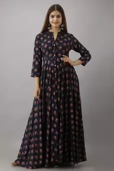 ftDia Women Floral Printed Flared Kurta in Dark Blue