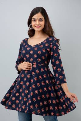 ftDia Women Floral Printed Flared Kurti in Dark Blue 1