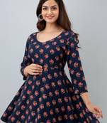 ftDia Women Floral Printed Flared Kurti in Dark Blue