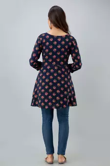 ftDia Women Floral Printed Flared Kurti in Dark Blue