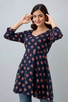 ftDia Women Floral Printed Flared Kurti in Dark Blue