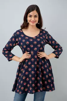 ftDia Women Floral Printed Flared Kurti in Dark Blue