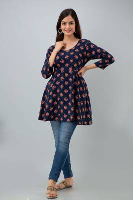 ftDia Women Floral Printed Flared Kurti in Dark Blue 5