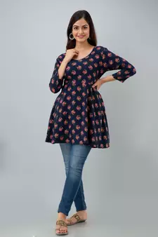 ftDia Women Floral Printed Flared Kurti in Dark Blue