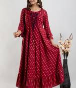 ftDiva Women Printed Anarkali Kurta in Maroon