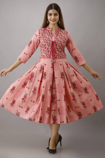 ftDiva Women Floral Flared Jacketed Kurta in Pink