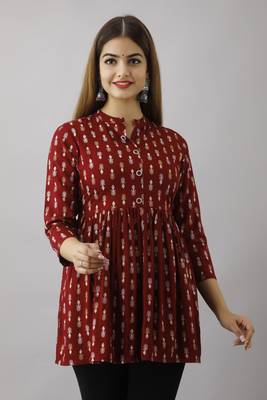 Printed Flared Kurta in Maroon 1