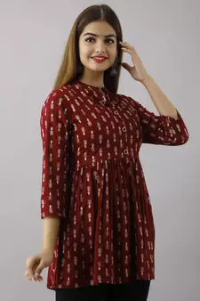 Printed Flared Kurta in Maroon