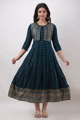 ftDiva Women Printed Jacketed Anarkali Kurta in Blue 1