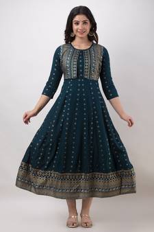 ftDiva Women Printed Jacketed Anarkali Kurta in Blue