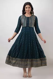 ftDiva Women Printed Jacketed Anarkali Kurta in Blue