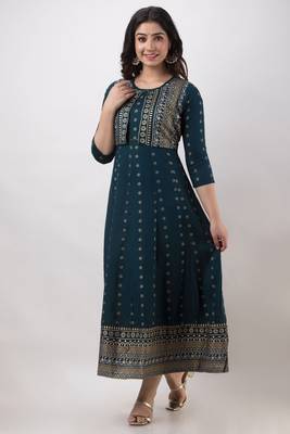 ftDiva Women Printed Jacketed Anarkali Kurta in Blue 3
