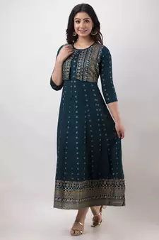 ftDiva Women Printed Jacketed Anarkali Kurta in Blue