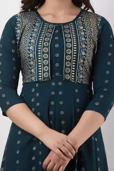 ftDiva Women Printed Jacketed Anarkali Kurta in Blue