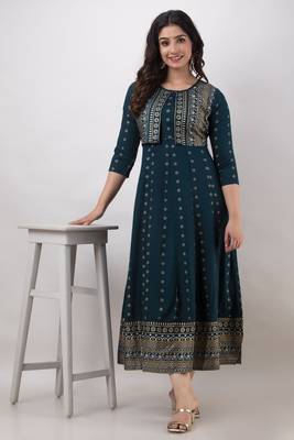 ftDiva Women Printed Jacketed Anarkali Kurta in Blue 5