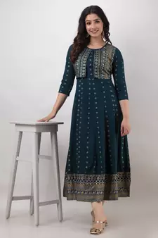 ftDiva Women Printed Jacketed Anarkali Kurta in Blue