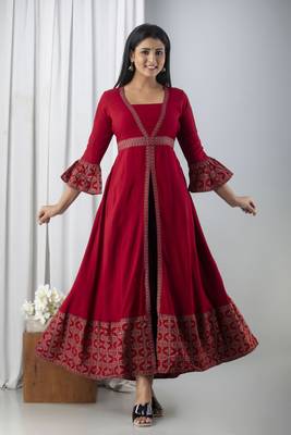 Women Floral Frontslit Flared Kurta in Dark Red 1