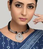 German Oxidised Silver Flower Motif Black Thread Necklace