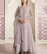 Vasu Silk Blend Thread Embroidered Lavender Anarkali Suit Set