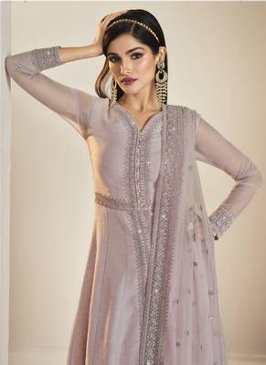 Vasu Silk Blend Thread Embroidered Lavender Anarkali Suit Set 2
