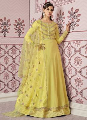 Yellow Floral Embroidered Layered Anarkali Pant Suit 1