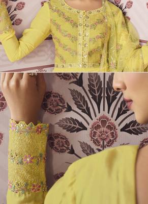 Yellow Floral Embroidered Layered Anarkali Pant Suit 2