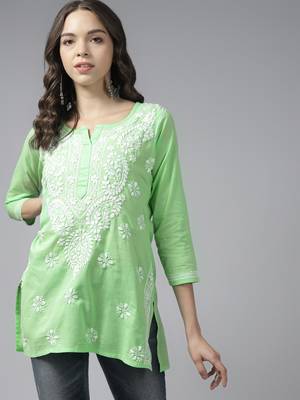 Women Handmade Green Cotton Lucknowi Chikankari Indian Kurti 1