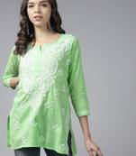Women Handmade Green Cotton Lucknowi Chikankari Indian Kurti