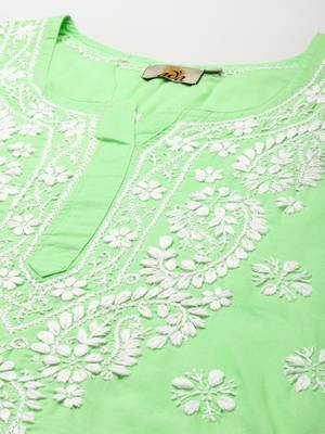 Women Handmade Green Cotton Lucknowi Chikankari Indian Kurti 2