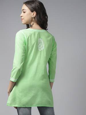 Women Handmade Green Cotton Lucknowi Chikankari Indian Kurti 3