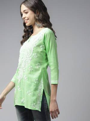 Women Handmade Green Cotton Lucknowi Chikankari Indian Kurti 4