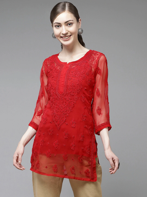 Ada Women Hand Crafted Red Georgette Lucknowi Chikankari Indian Kurti With Slip - A911140 1