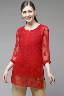 Ada Women Hand Crafted Red Georgette Lucknowi Chikankari Indian Kurti With Slip - A911140