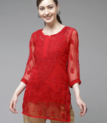 Ada Women Hand Crafted Red Georgette Lucknowi Chikankari Indian Kurti With Slip - A911140
